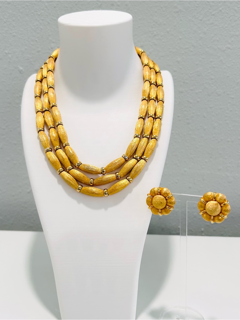 Vintage Goldtone 3 Strand Necklace and Earrings Set Brushed Goldtone Clip On